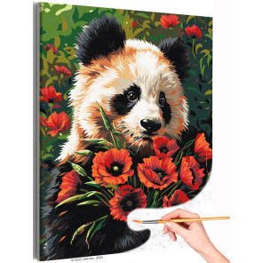 1 Портрет панды с маками Животные Медведь Цветы Букет Яркая Раскраска картина по номерам на холсте