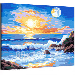 Луна и рассвет на море Пейзаж Природа Океан Вода Пляж Турция Интерьерная 80х100 Раскраска картина по номерам на холсте