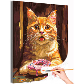  Рыжий котик с пончиком Животные Кошки Коты Котята Мем Еда Кухня Смешная Раскраска картина по номерам на холсте AAAA-NK765