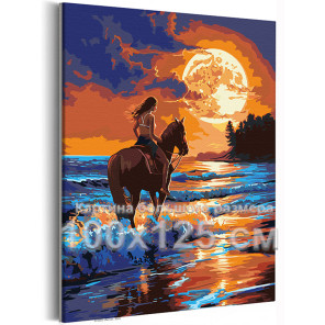 Девушка на лошади у моря Люди Животные Закат Океан Конь Романтика Яркая Лето 100х125 Раскраска картина по номерам на холсте