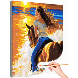  Девушка на коне у моря Люди Животные Лошадь Закат Океан Романтика Яркая Лето Раскраска картина по номерам на холсте AAAA-NK767