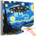 Звездная ночь и космический корабль Мем Пейзаж Ван Гог Стильная Яркая Космос Раскраска картина по номерам на холсте