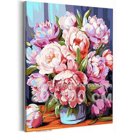 Ваза с розовыми пионами Цветы Букет Натюрморт Для мамы Для девушки Интерьерная 80х100 Раскраска картина по номерам на холсте