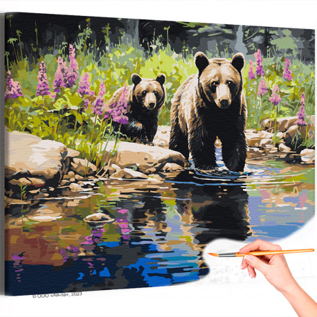  Медведи на природе Животные Пейзаж Река Медвежонок Лето Раскраска картина по номерам на холсте AAAA-ST0408