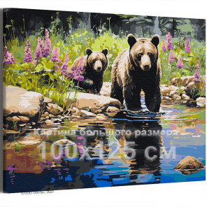 Медведи на природе Животные Пейзаж Река Медвежонок Лето 100х125 Раскраска картина по номерам на холсте