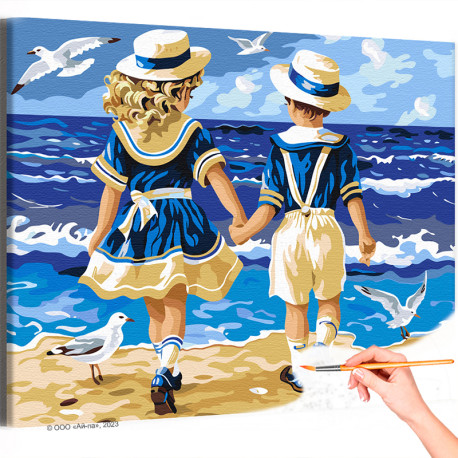  Девочка с мальчиком у моря Дети Брат Сестра Малыш Ребенок Пейзаж Птица Пляж Лето Ретро Раскраска картина по номерам на холсте A