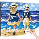 Девочка с мальчиком у моря Дети Брат Сестра Малыш Ребенок Пейзаж Птица Пляж Лето Ретро Раскраска картина по номерам на холсте