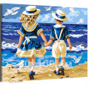 Девочка с мальчиком у моря Дети Брат Сестра Малыш Ребенок Пейзаж Птица Пляж Лето Ретро 80х100 Раскраска картина по номерам на холсте
