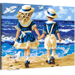 Девочка с мальчиком у моря Дети Брат Сестра Малыш Ребенок Пейзаж Птица Пляж Лето Ретро 100х125 Раскраска картина по номерам на х