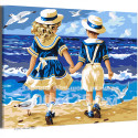 Девочка с мальчиком у моря Дети Брат Сестра Малыш Ребенок Пейзаж Птица Пляж Лето Ретро 100х125 Раскраска картина по номерам на холсте
