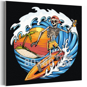 Скелет серфингист на волне Лето Море Океан Пляж Череп 80х80 Раскраска картина по номерам на холсте