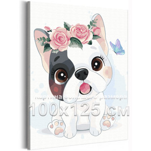 Бульдог с розами и бабочкой Коллекция Cute puppy Собака Пес Щенок Животные Для детей Детские Для девочек Для мальчиков 100х125 Р