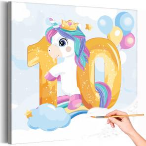 1 Радужный единорог с цифрой десять Коллекция Сute unicorn Праздник Для девочек Детские Для детей Небо Раскраска картина по номе