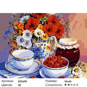Количество цветов и сложность Чай с малиновым вареньем Раскраска картина по номерам на холсте