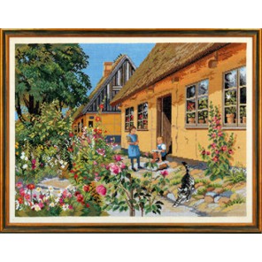  Цветущий деревенский дворик, дети и кот Набор для вышивания Eva Rosenstand 12-758