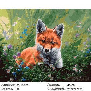 Количество цветов и сложность Лисенок в траве Раскраска картина по номерам на холсте ZX 21229